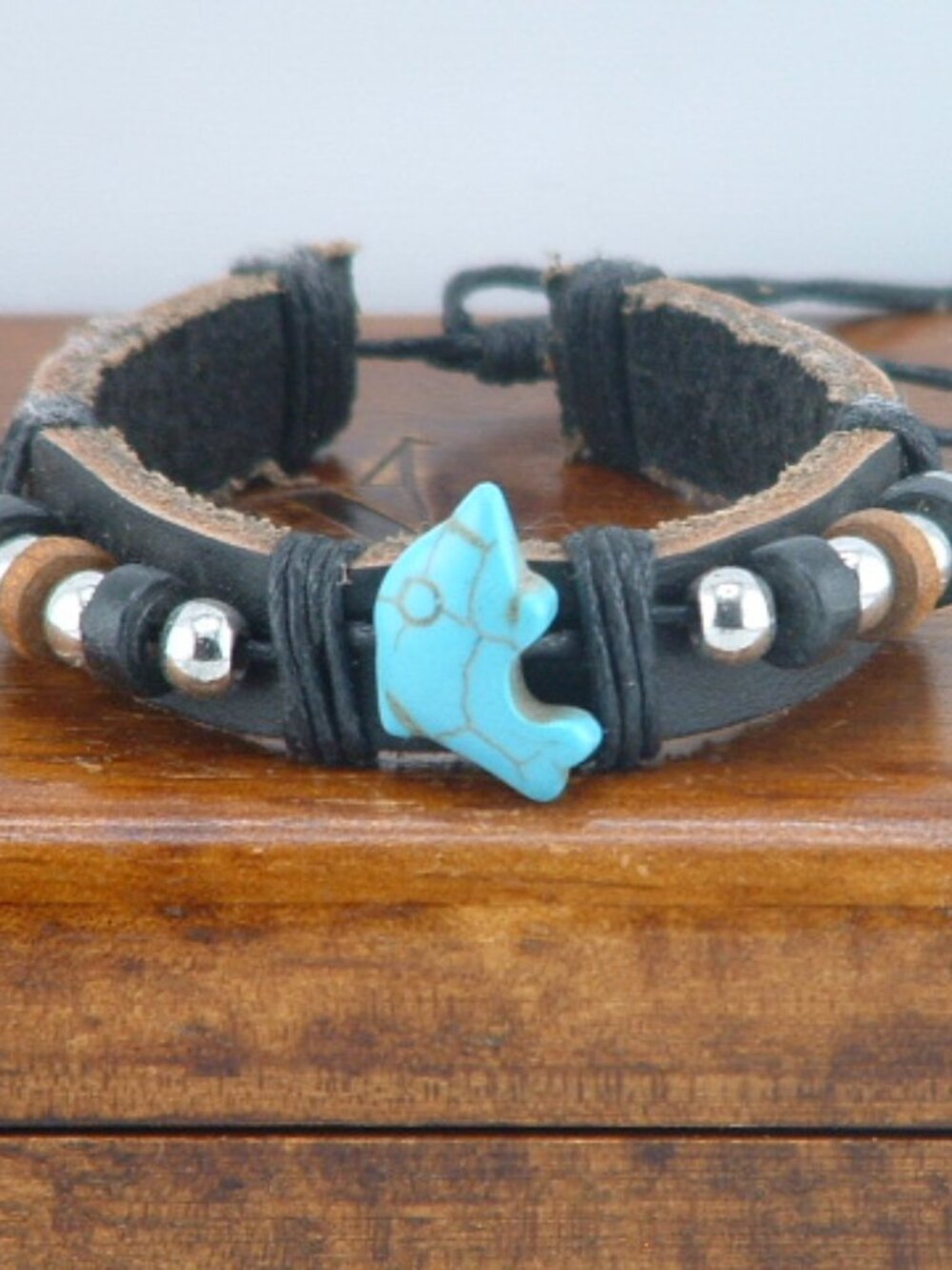 Women's Leather Dolphin Pendant Beaded Tie Bracelet
